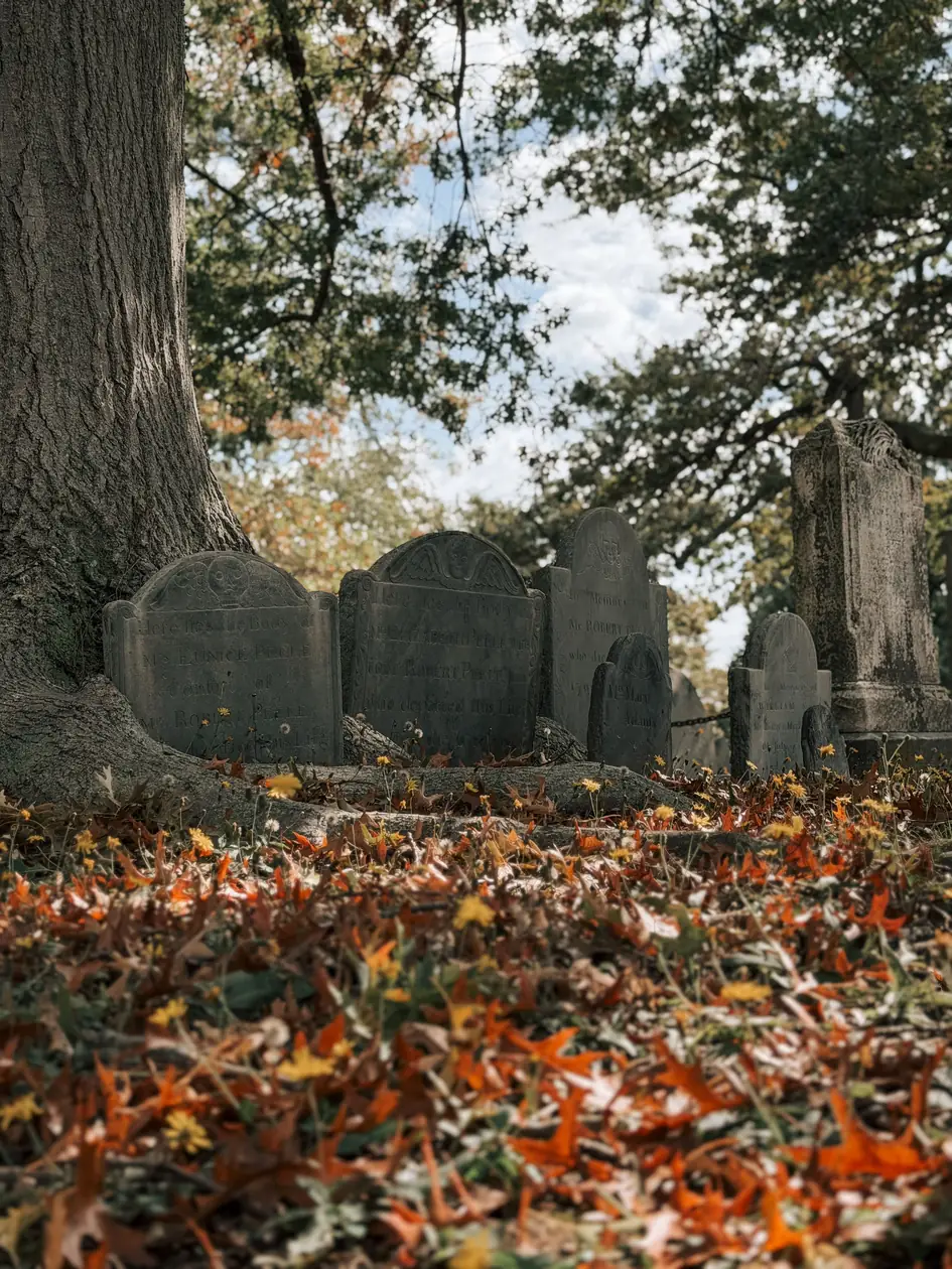 Old gravestones under autumn leaves in a Salem cemetery
