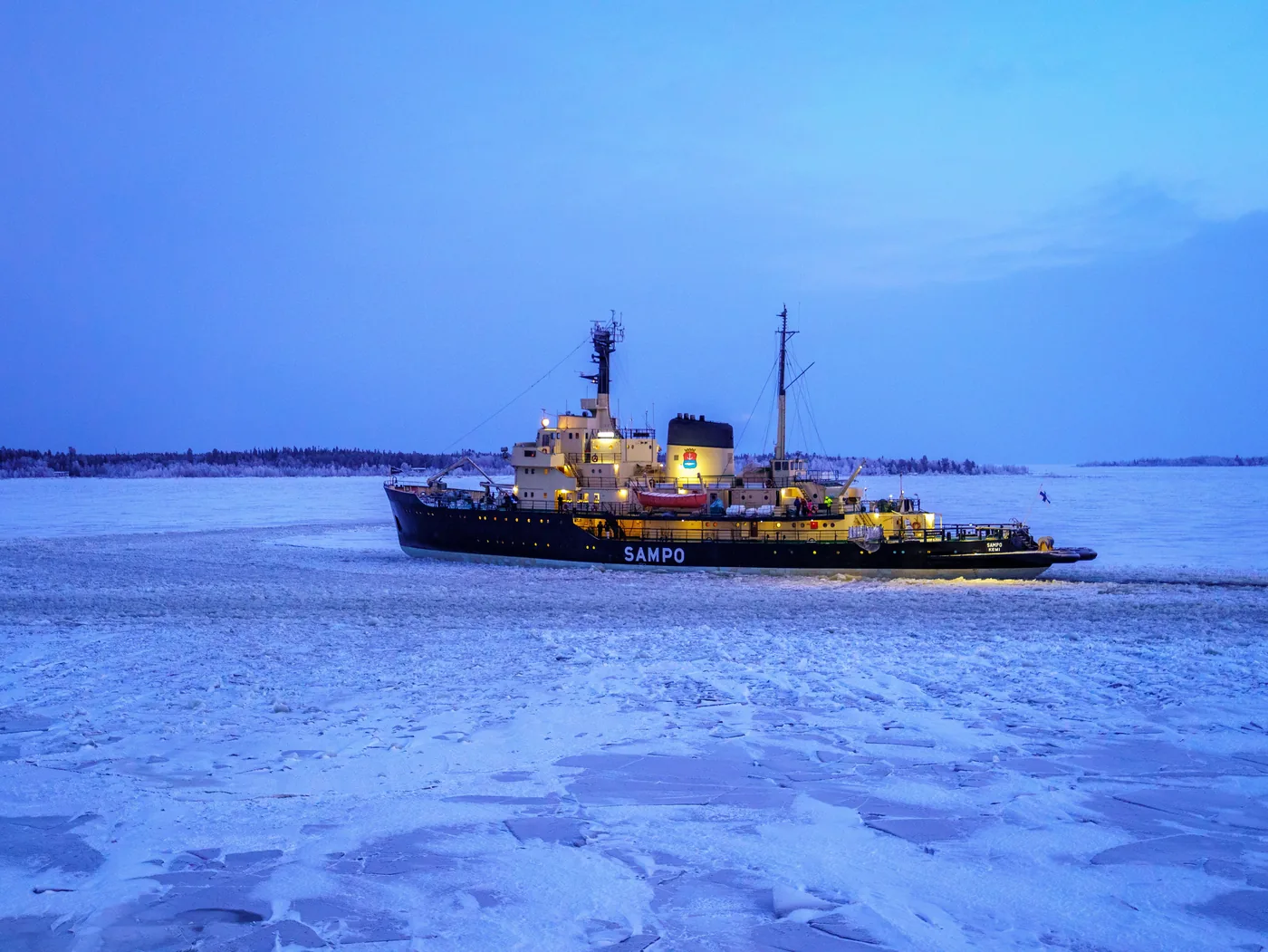 The Sampo icebreaker cutting through the frozen sea off Kemi, Finland