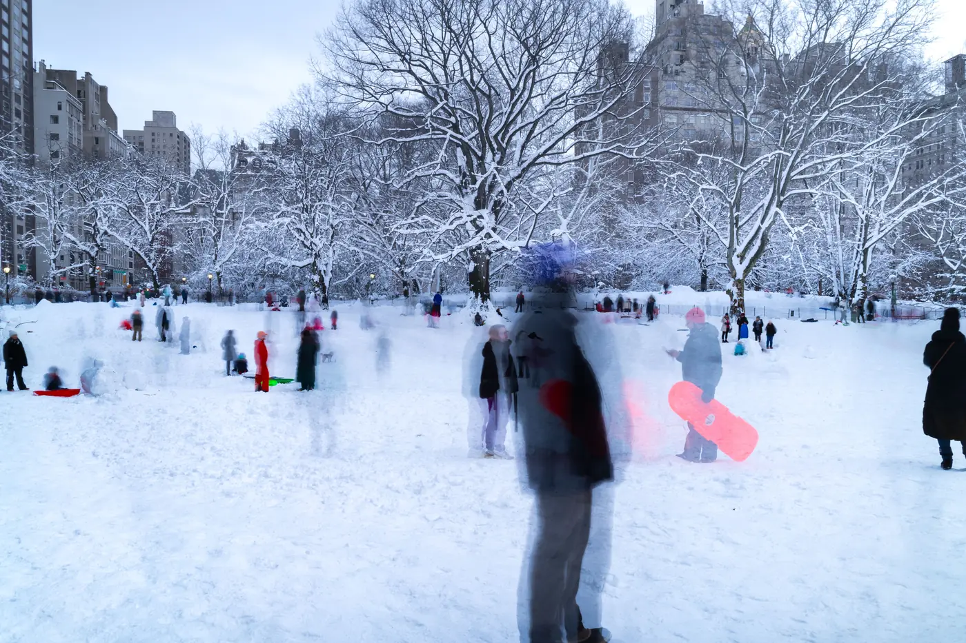 Sledders on a snowy hill in a city park