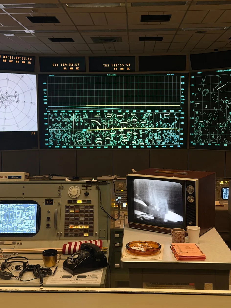 Vintage NASA mission control consoles on display in Houston