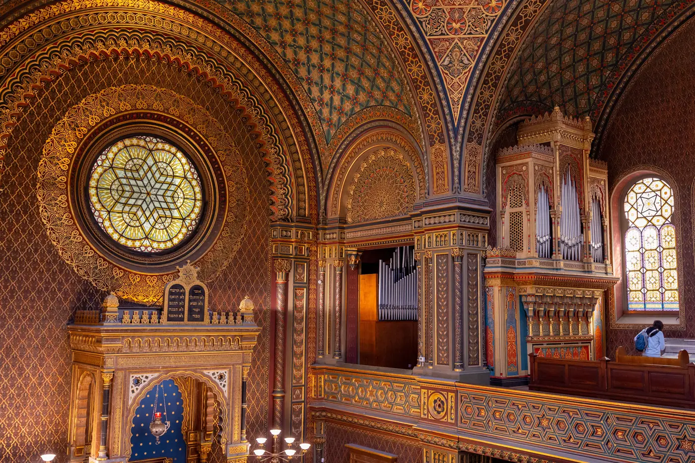 The richly decorated interior of the Spanish Synagogue in Prague