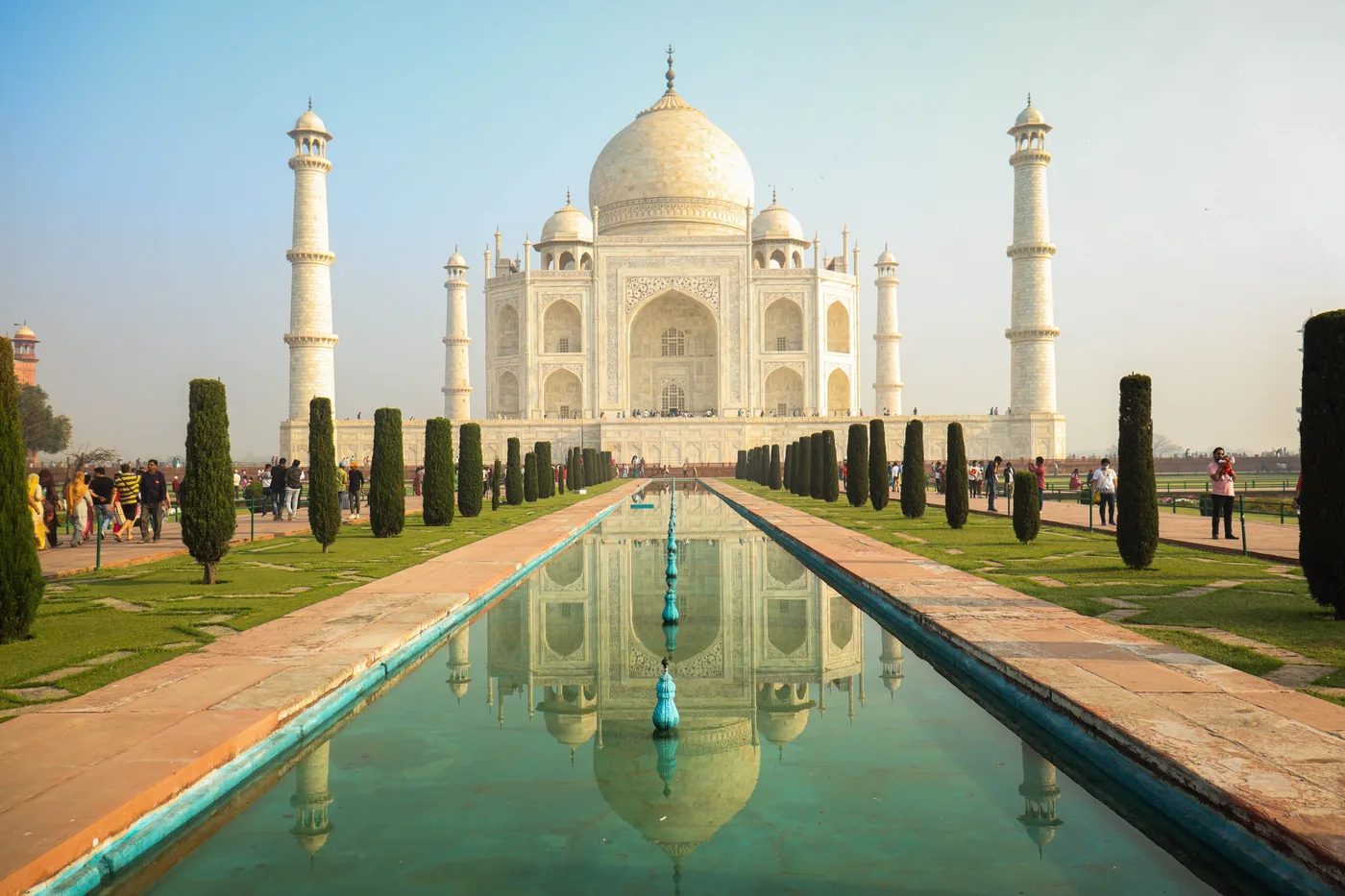 The Taj Mahal reflected in its long garden pool