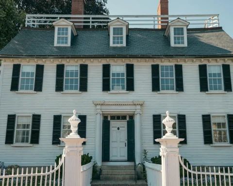 The white Ropes Mansion and its gateposts on Essex Street in Salem Massachusetts