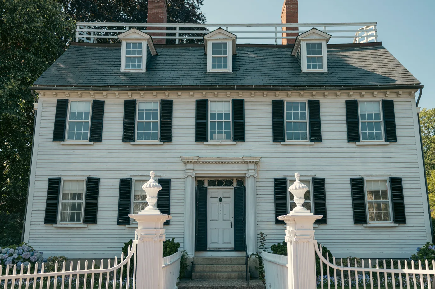The white Ropes Mansion and its gateposts on Essex Street in Salem Massachusetts