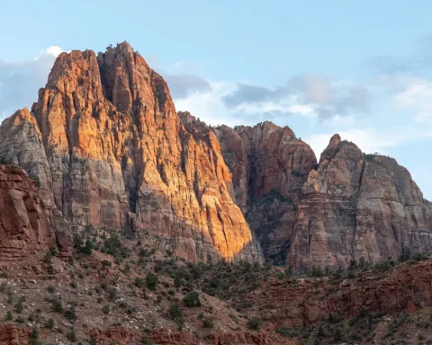 Sunset light on the sandstone cliffs of Zion National Park