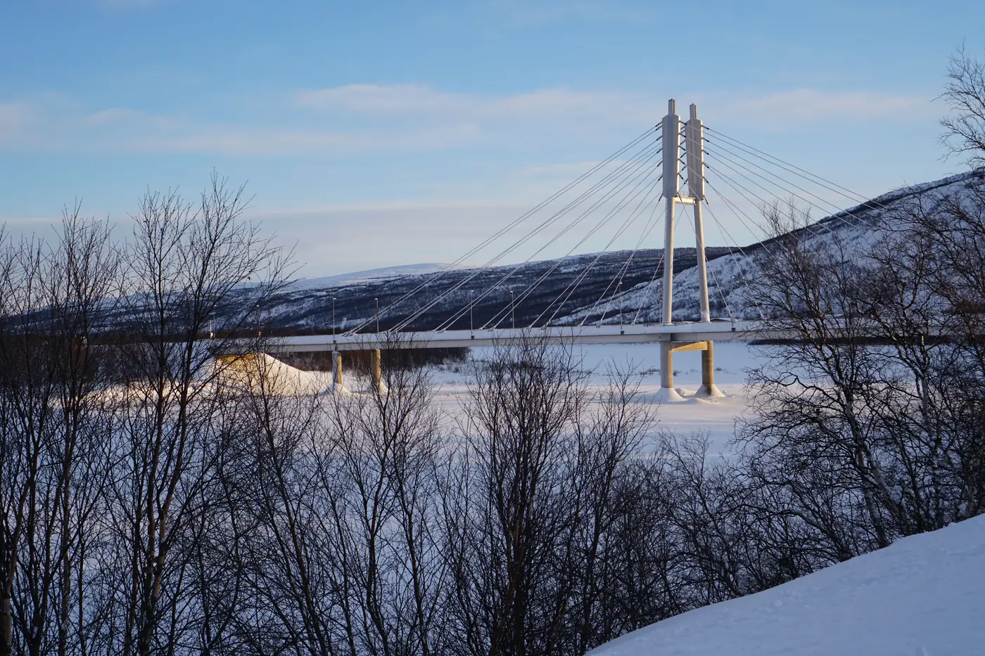 The Sámi Bridge over the frozen Teno River in Utsjoki, Finland