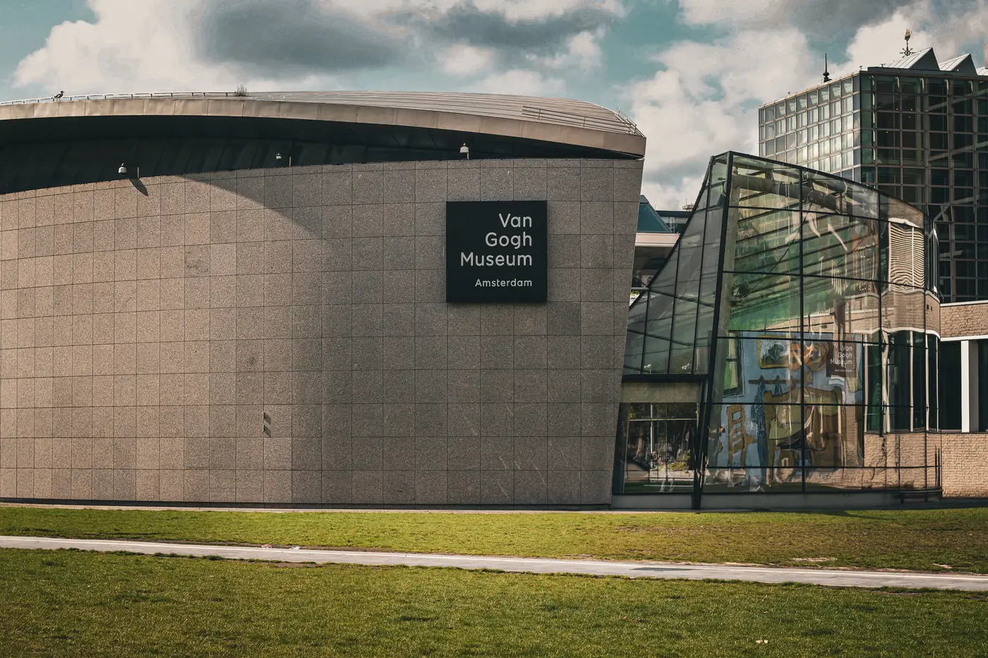 The Van Gogh Museum building and its glass entrance hall on Museumplein in Amsterdam
