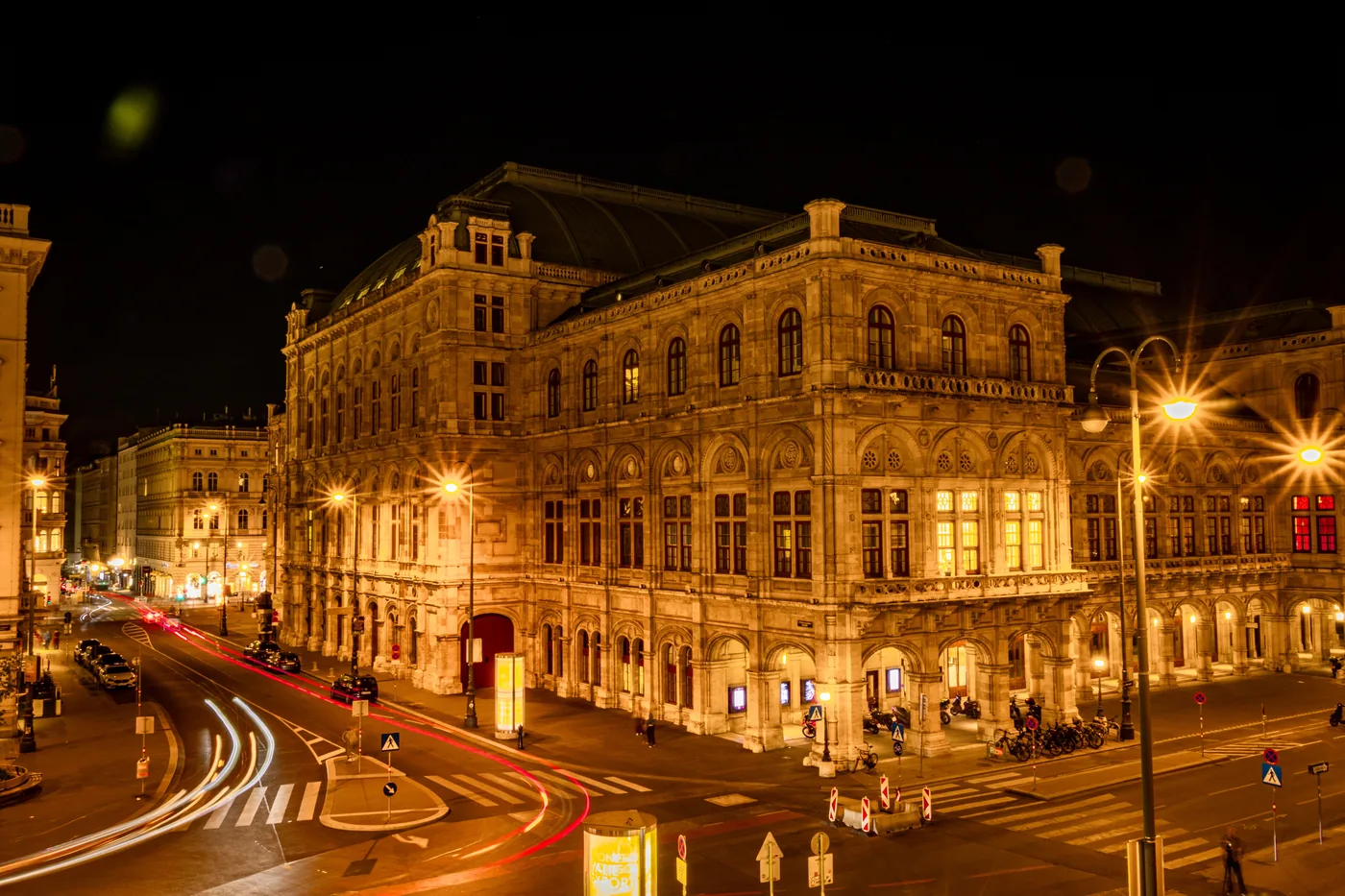 The facade of the Vienna State Opera in the evening