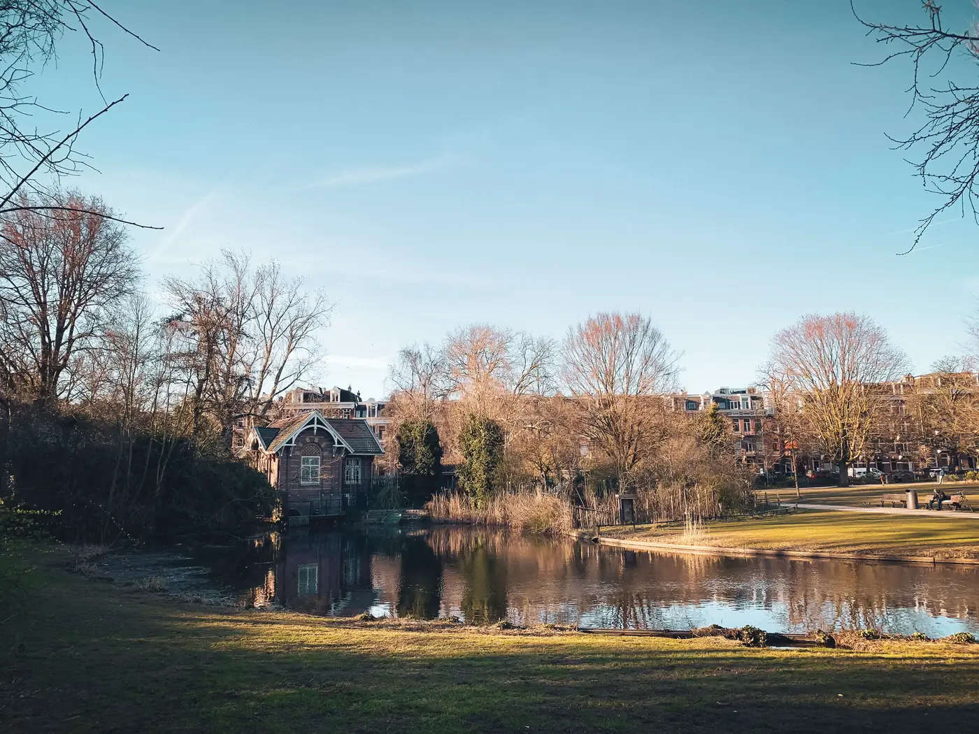 The pond and wooden pavilion in Vondelpark under bare trees in winter