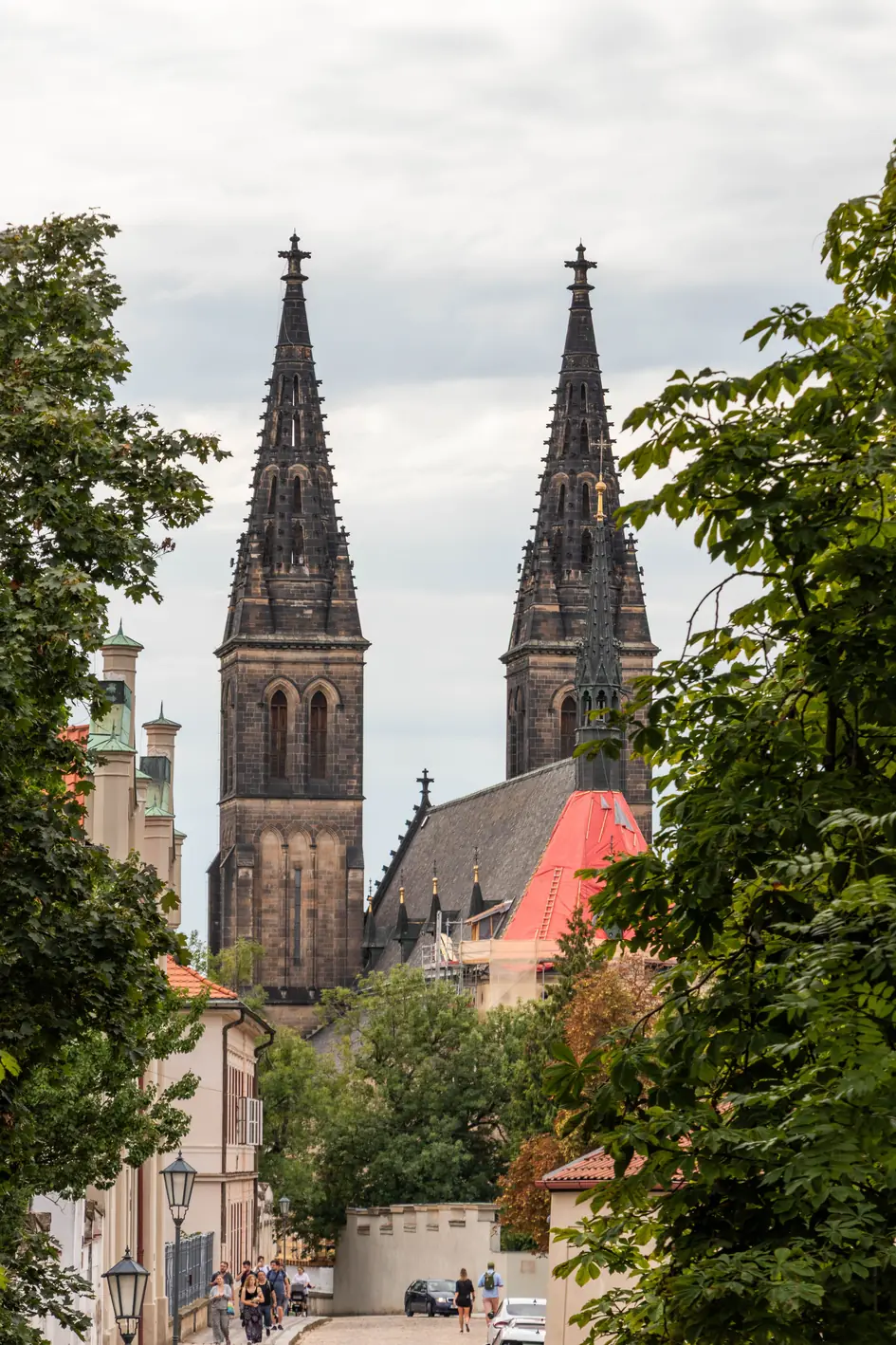 The twin towers of the Basilica of St. Peter and St. Paul at Vyšehrad in Prague