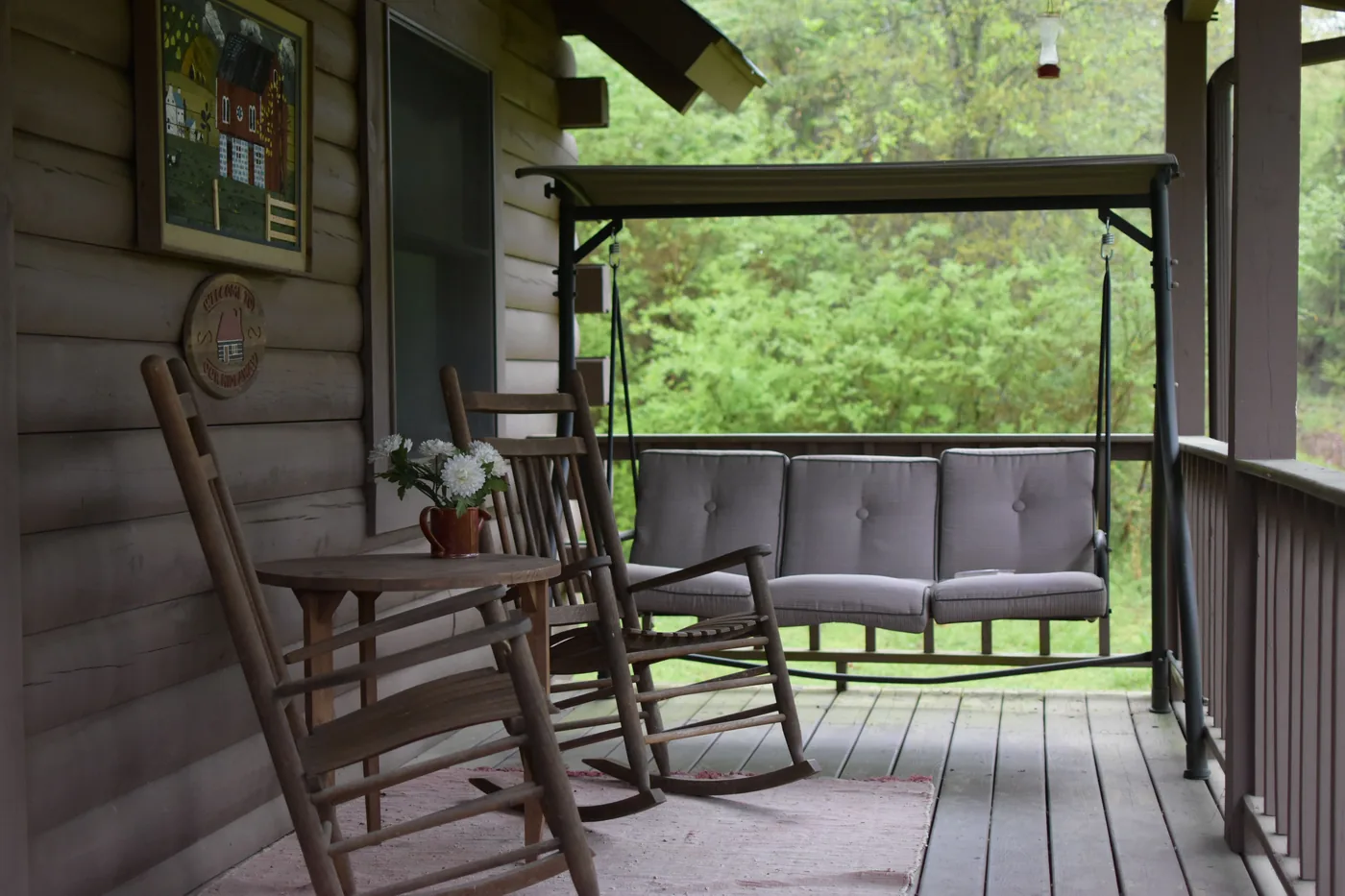 Rocking chairs on the porch of a country inn