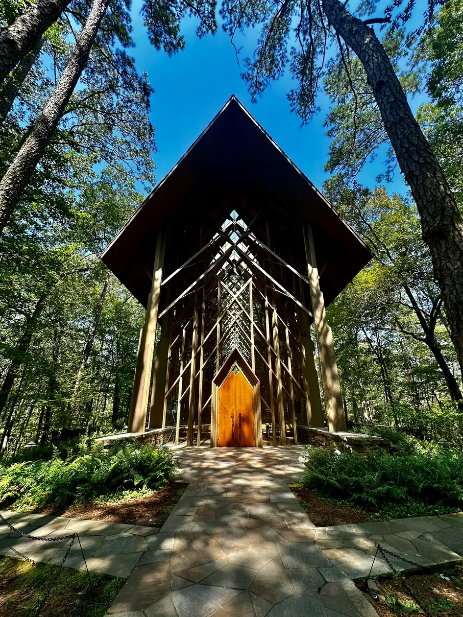 Anthony Chapel, built of wood and glass, rising among the pines at Garvan Woodland Gardens
