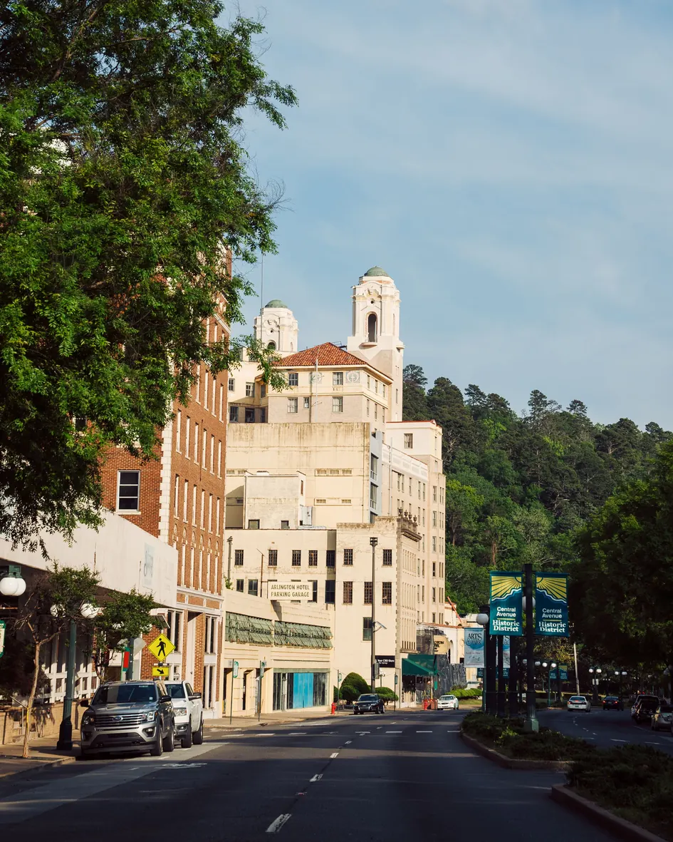 Historic buildings along Central Avenue in downtown Hot Springs, Arkansas