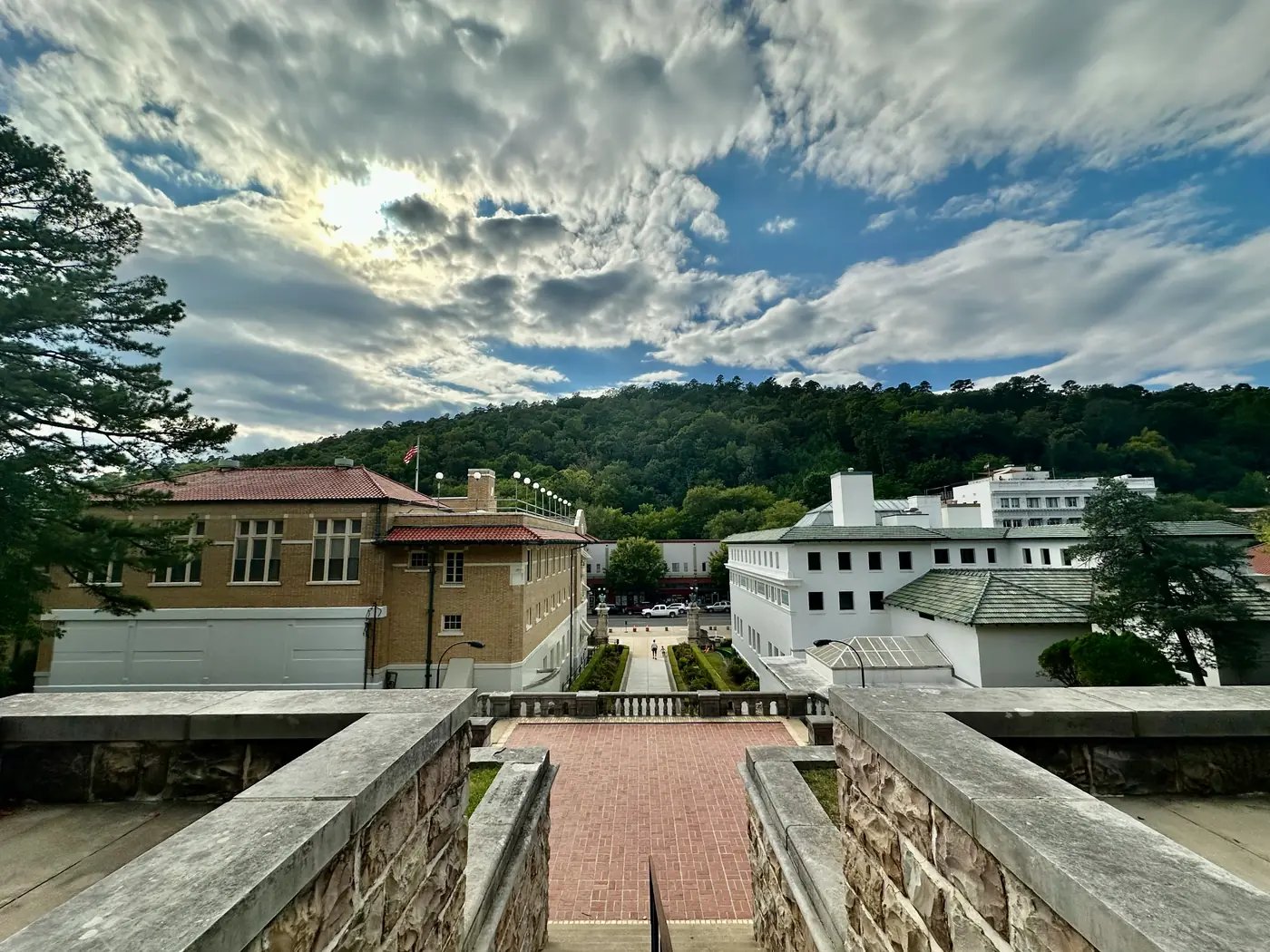 The brick Grand Promenade overlooking the bathhouses of Bathhouse Row in Hot Springs