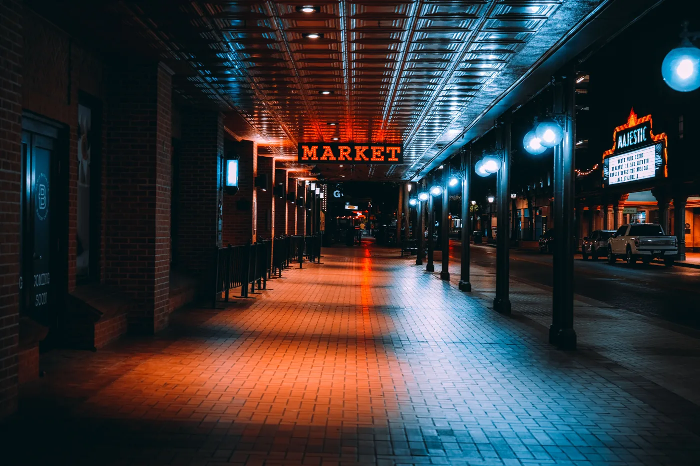 Historic Market Square in San Antonio lit up at night