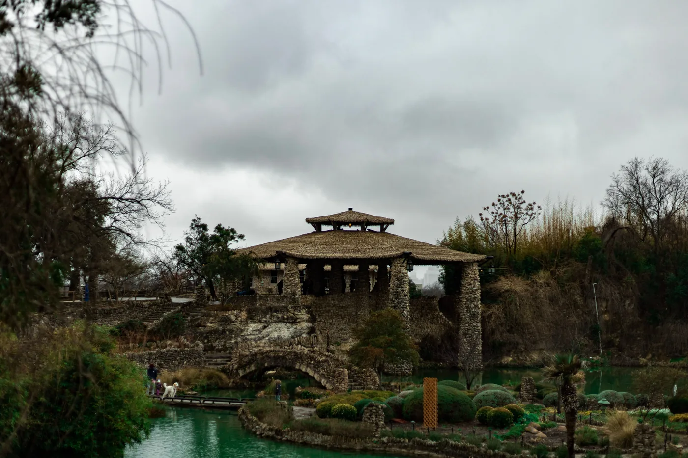 The stone pavilion and ponds of the Japanese Tea Garden in San Antonio