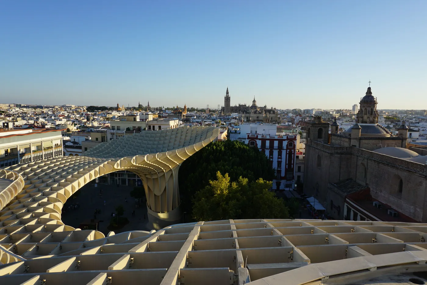 The Metropol Parasol walkway above Seville at sunset