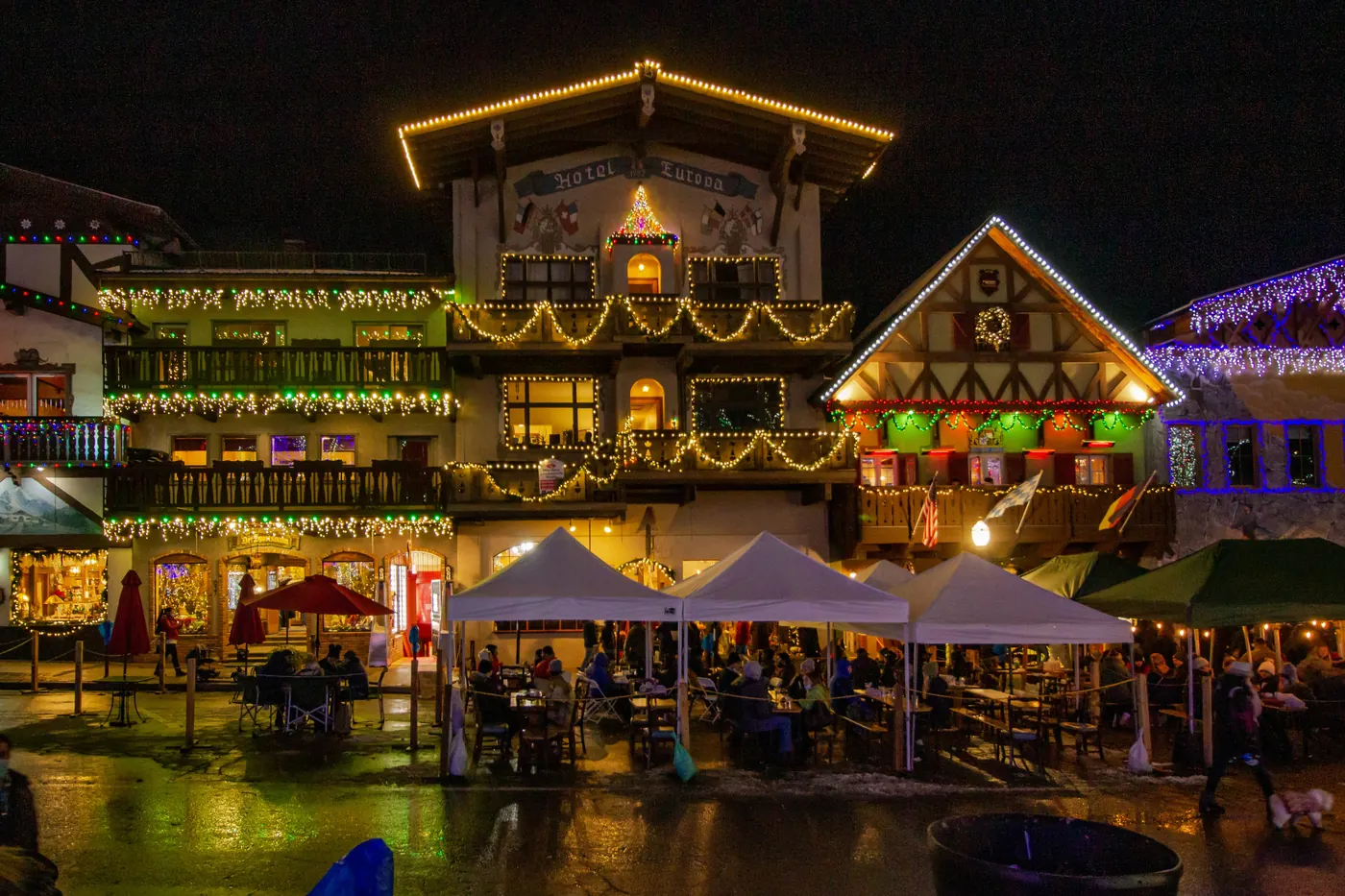 Front Street in Leavenworth lit up with Christmas lights after dark