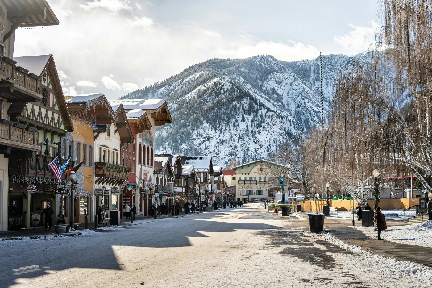 Front Street in Leavenworth with snowy mountains behind it