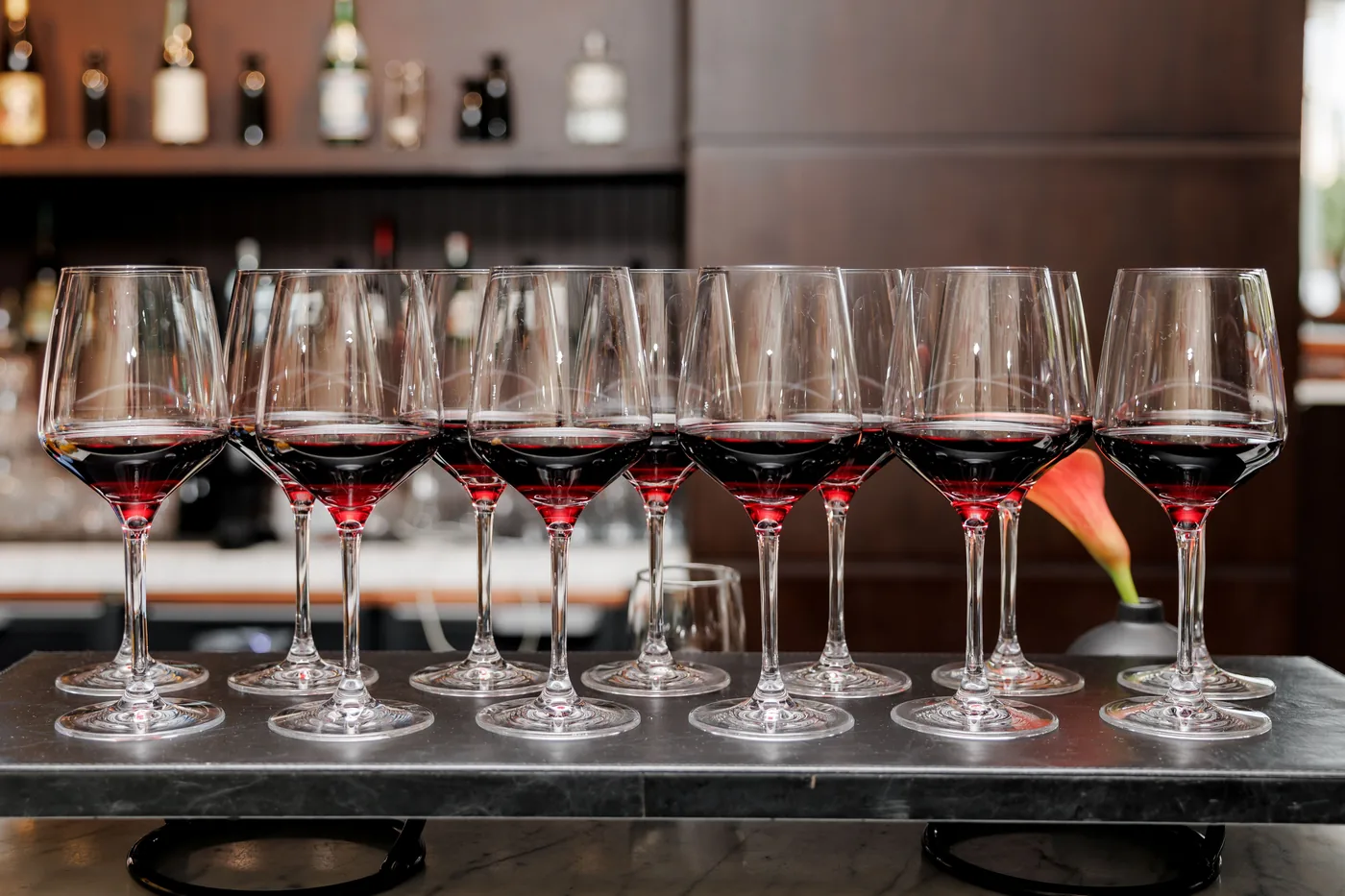 A row of red wine glasses lined up on a tasting bar