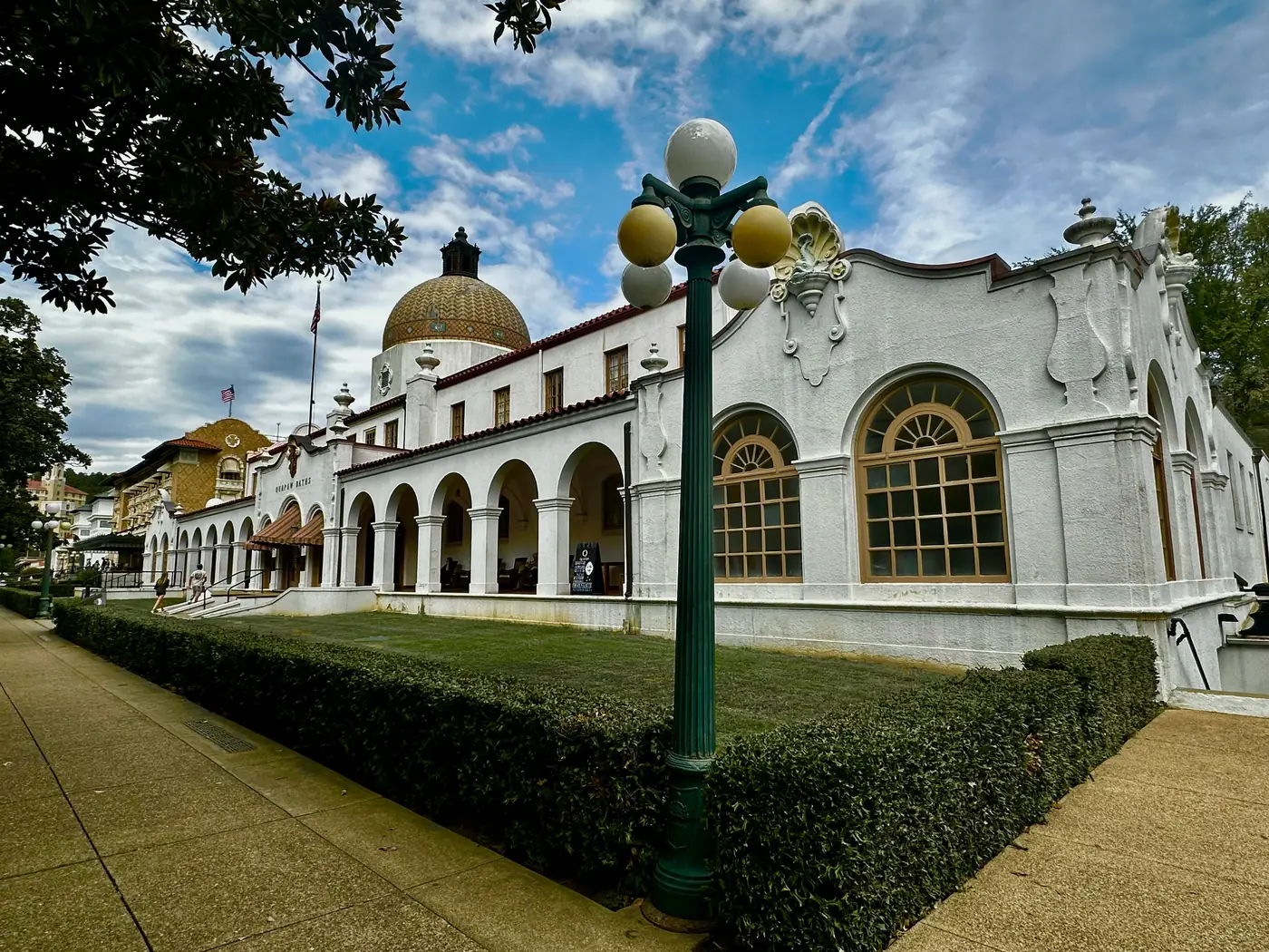 The domed Quapaw Baths building on Bathhouse Row in Hot Springs