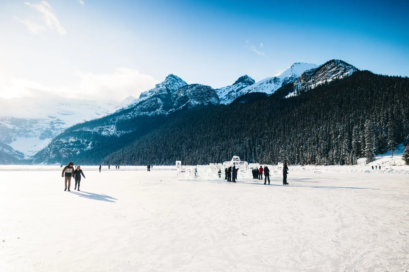 Skaters out on frozen Lake Louise in Banff National Park