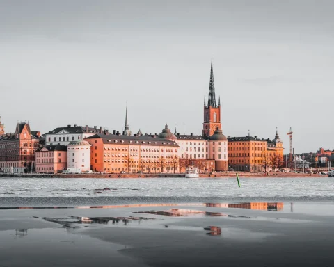 Riddarholmen and the old town across the water in Stockholm in winter