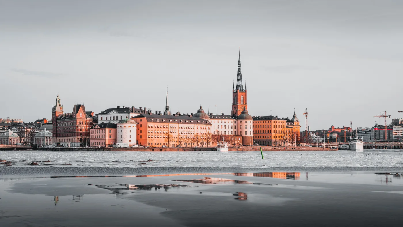 Riddarholmen and the old town across the water in Stockholm in winter