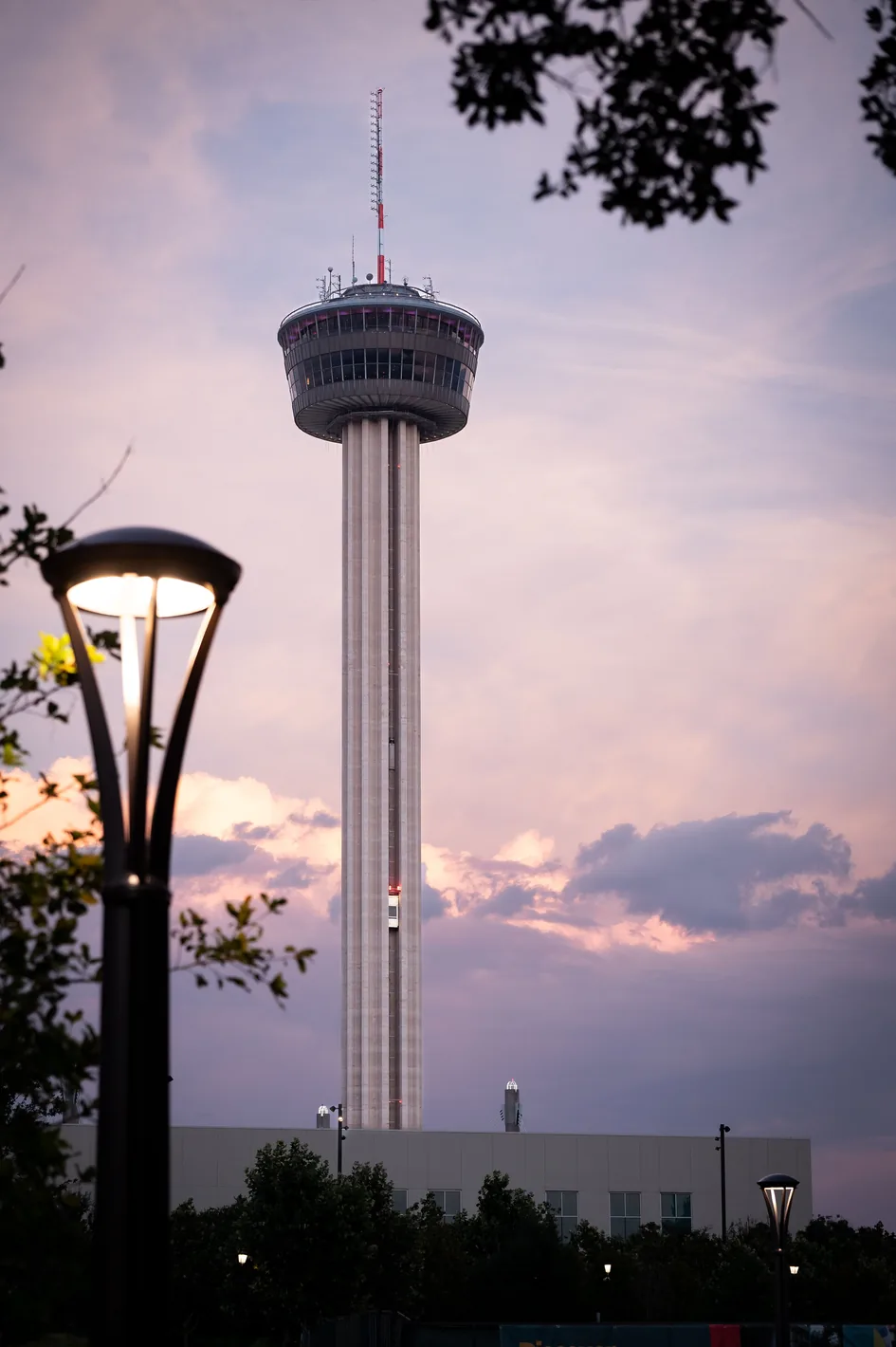 The Tower of the Americas against a pink evening sky
